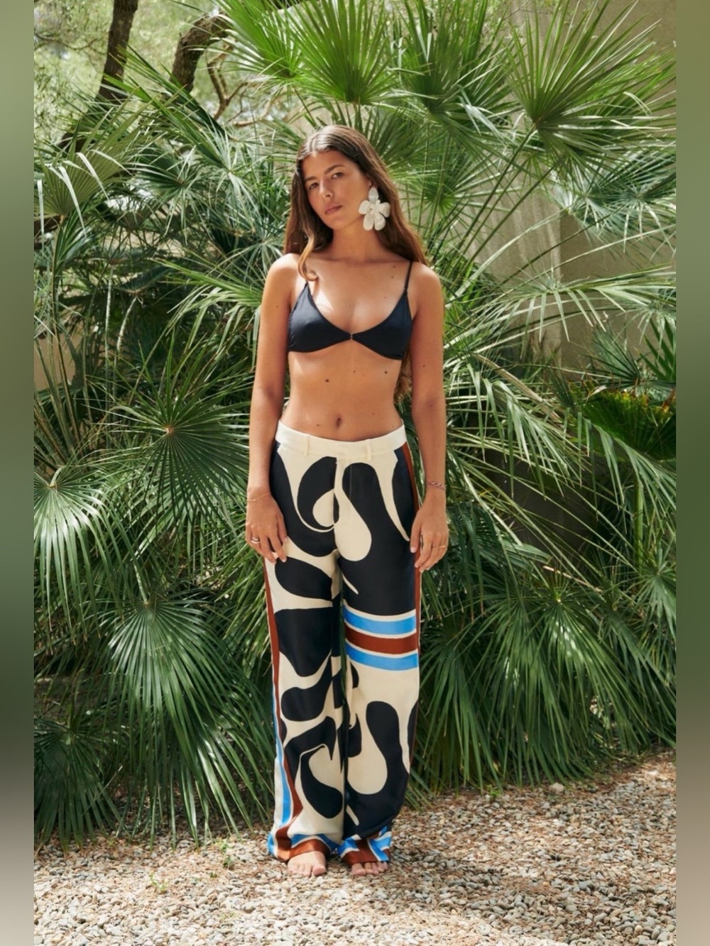 ZARA Printed Satin-Feel Pants in Black/Cream with Blue & Brown Stripes - Picture 2 of 9